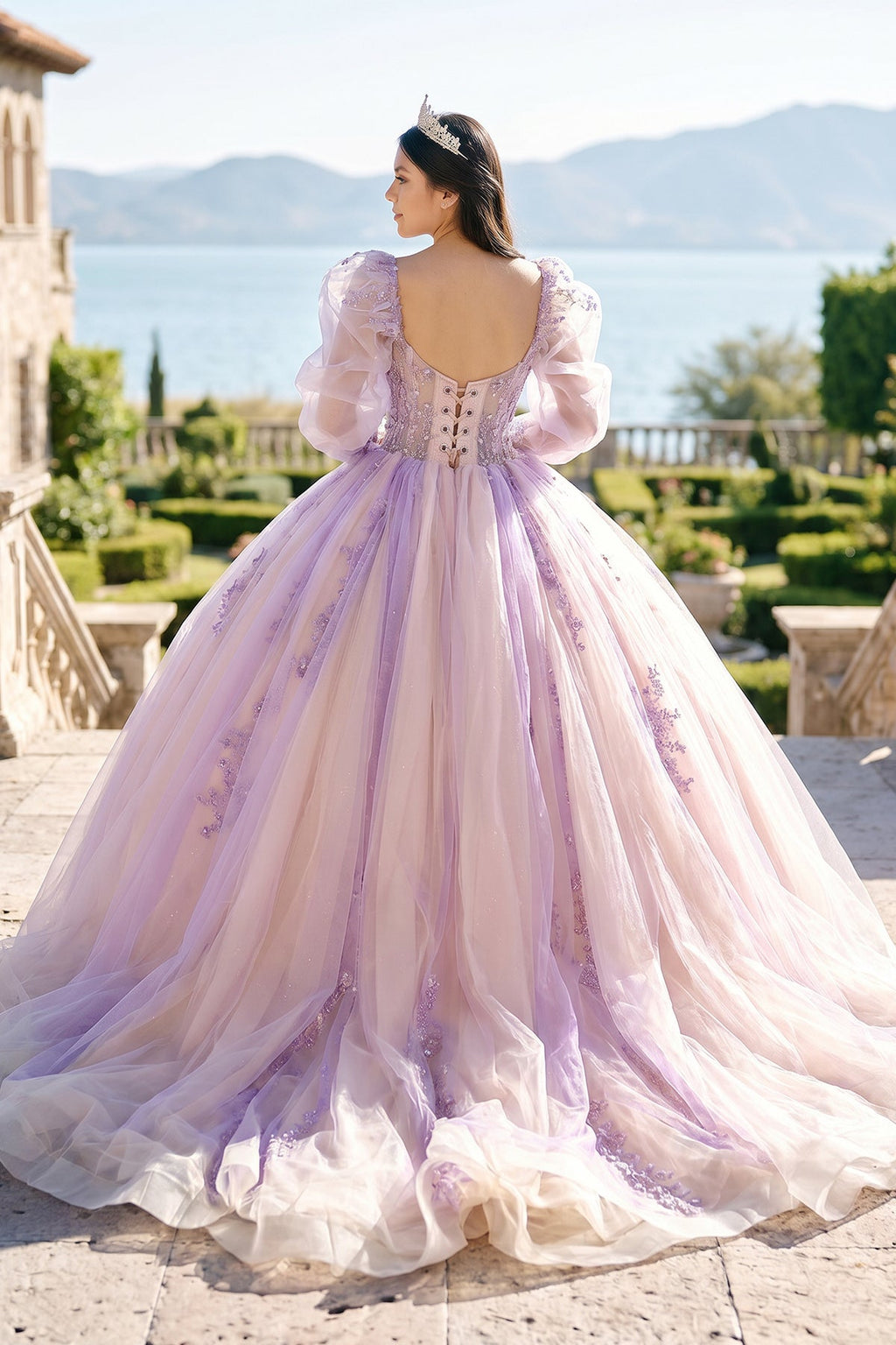 Pink Ball-Gown Tulle Long-Sleeve Quinceanera Dress - Curvevia