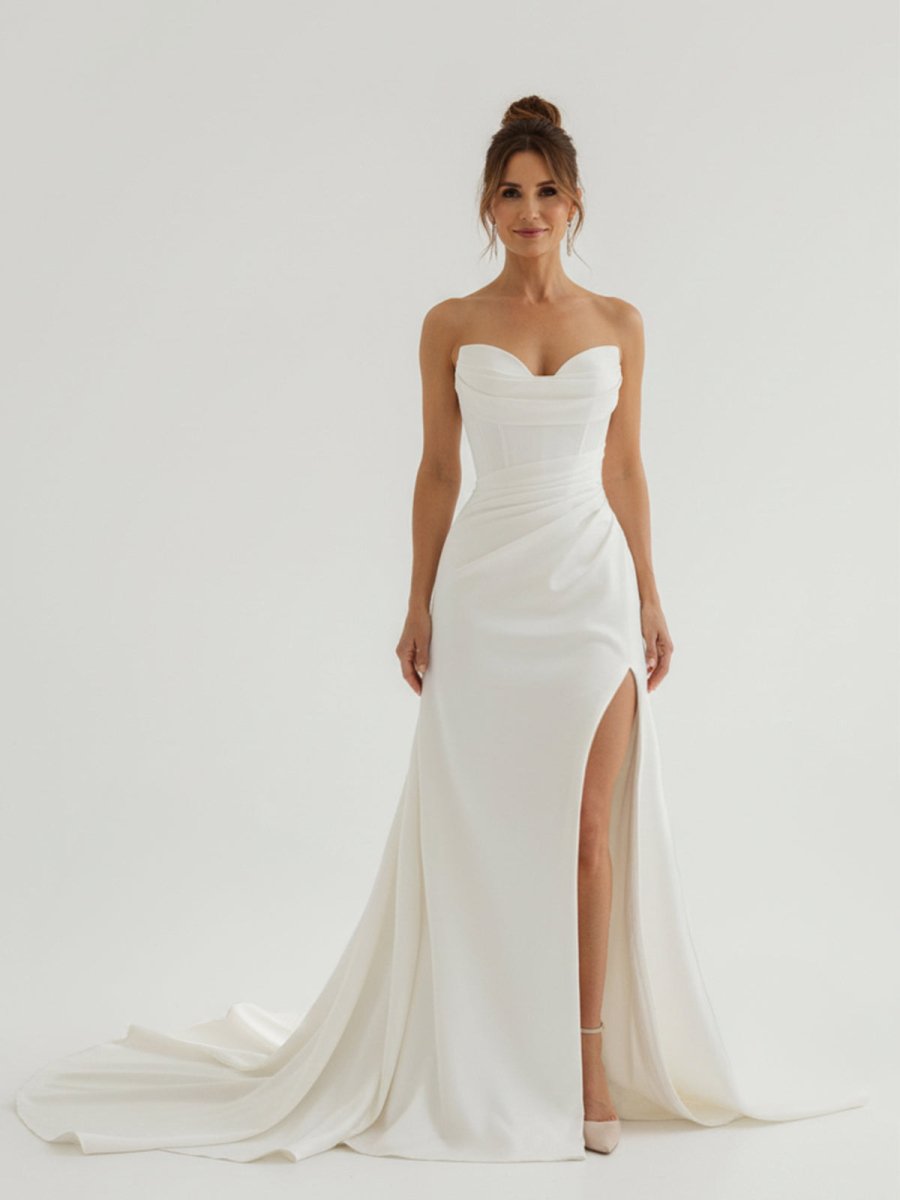 Mermaid Strapless Satin Long Wedding Dress With Slit - Curvevia