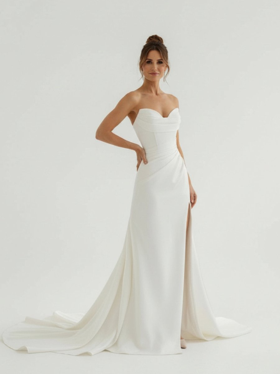 Mermaid Strapless Satin Long Wedding Dress With Slit - Curvevia