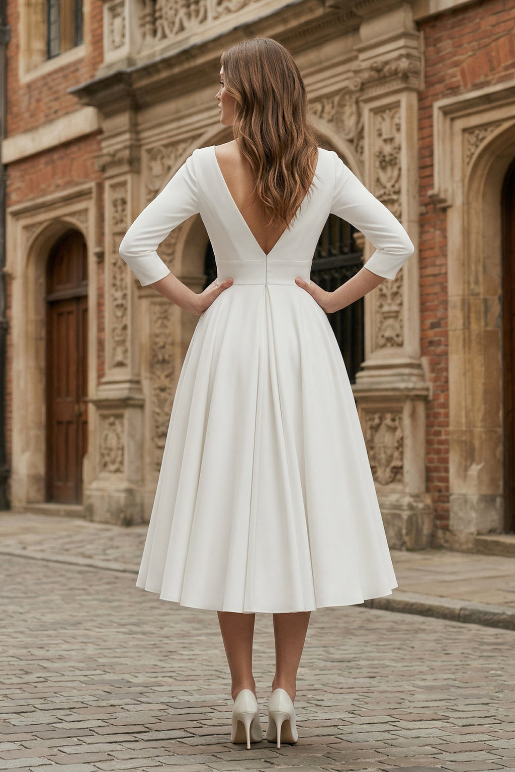 Vintage Sleeved A-Line V-neck Satin Tea Length Wedding Dress - Curvevia