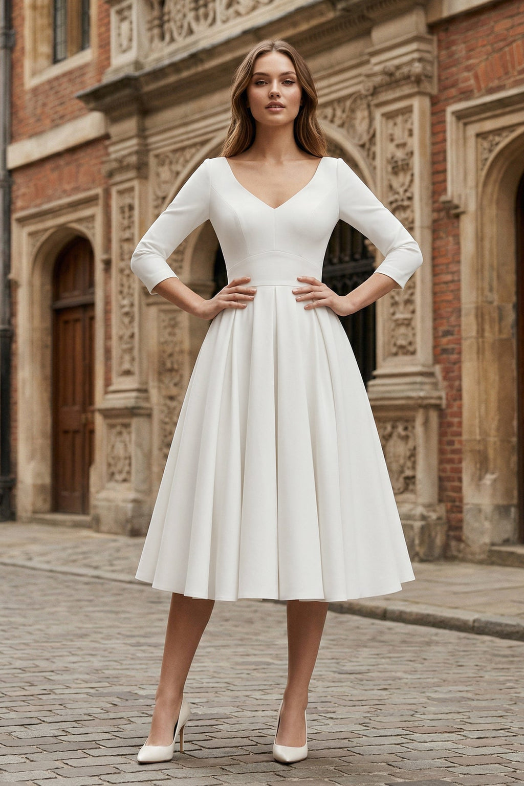 Vintage Sleeved A-Line V-neck Satin Tea Length Wedding Dress - Curvevia