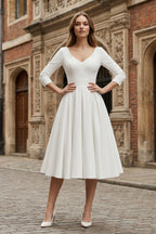 Vintage Sleeved A-Line V-neck Satin Tea Length Wedding Dress - Curvevia