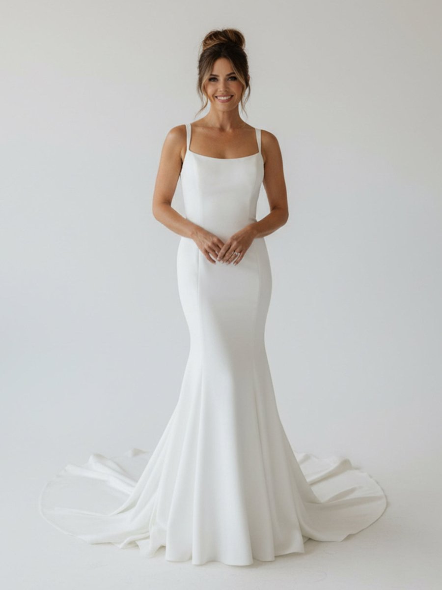 Simple Mermaid Scoop Neck Backless Satin Wedding Dresses - Curvevia