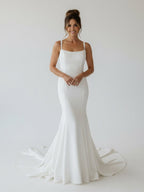 Simple Mermaid Scoop Neck Backless Satin Wedding Dresses - Curvevia