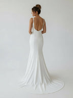 Simple Mermaid Scoop Neck Backless Satin Wedding Dresses - Curvevia