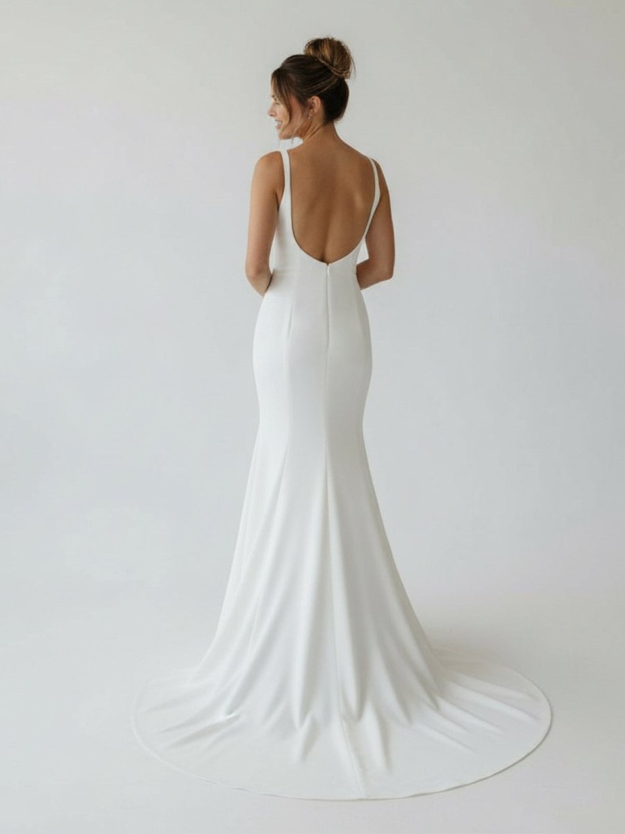 Simple Mermaid Scoop Neck Backless Satin Wedding Dresses - Curvevia