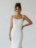 Simple Mermaid Scoop Neck Backless Satin Wedding Dresses - Curvevia