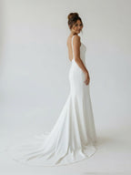 Simple Mermaid Scoop Neck Backless Satin Wedding Dresses - Curvevia
