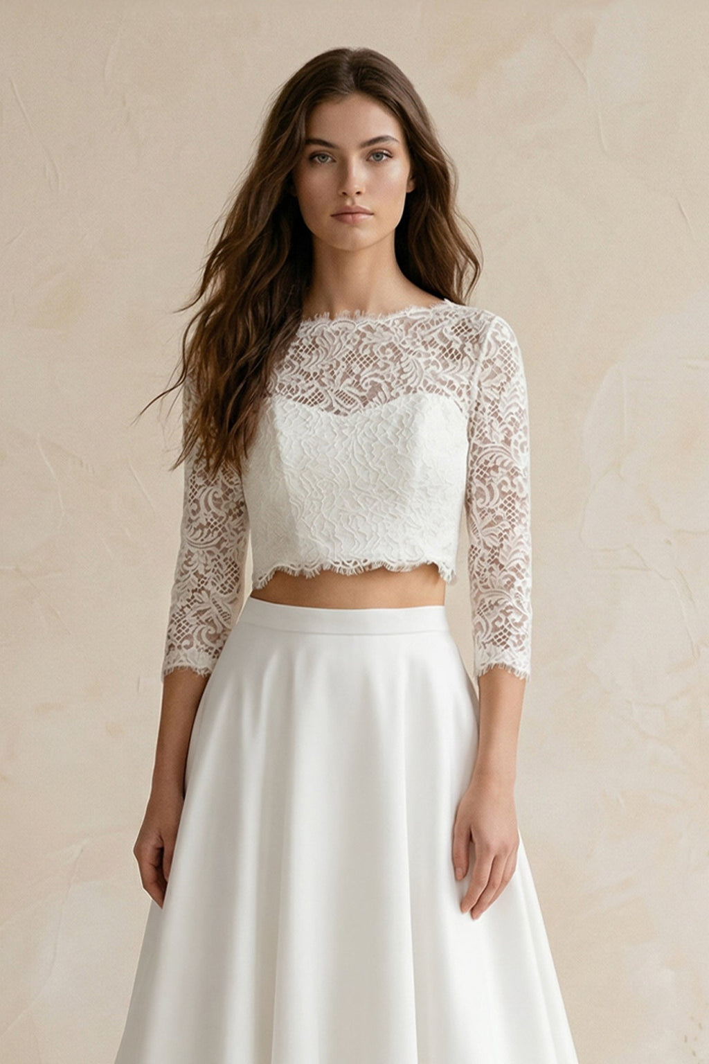 Modern Two Piece Floor-length 3/4 Length Sleeve Lace Jewel Wedding Dress with Ruching - Curvevia