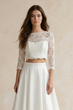 Modern Two Piece Floor-length 3/4 Length Sleeve Lace Jewel Wedding Dress with Ruching - Curvevia