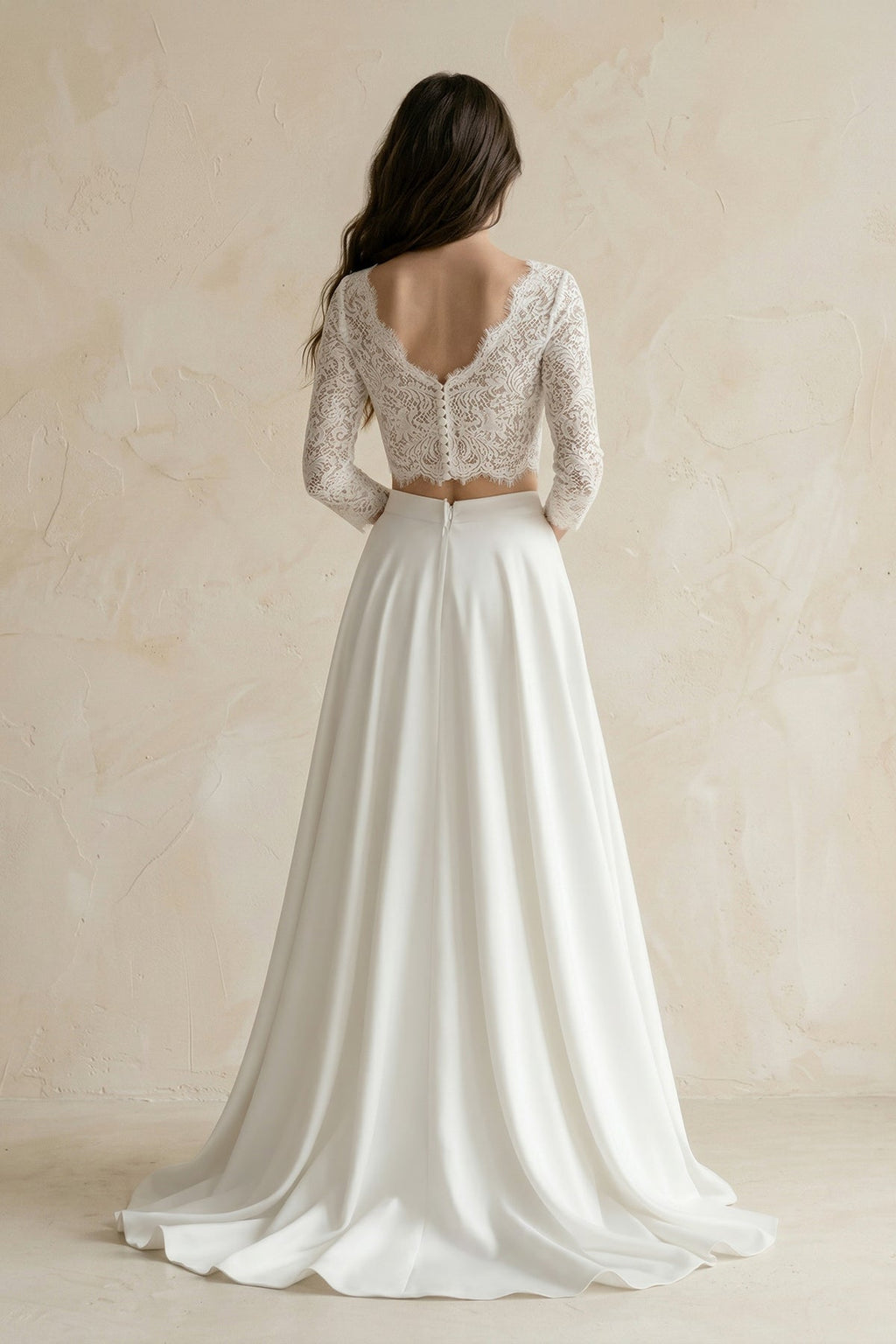 Modern Two Piece Floor-length 3/4 Length Sleeve Lace Jewel Wedding Dress with Ruching - Curvevia