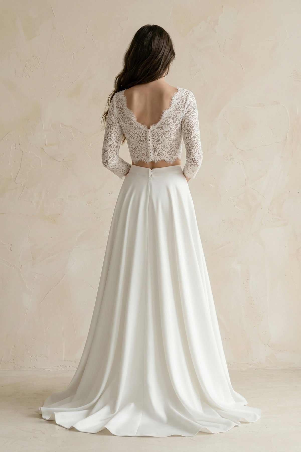 Modern Two Piece Floor-length 3/4 Length Sleeve Lace Jewel Wedding Dress with Ruching - Curvevia