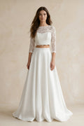 Modern Two Piece Floor-length 3/4 Length Sleeve Lace Jewel Wedding Dress with Ruching - Curvevia
