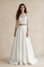 Modern Two Piece Floor-length 3/4 Length Sleeve Lace Jewel Wedding Dress with Ruching - Curvevia