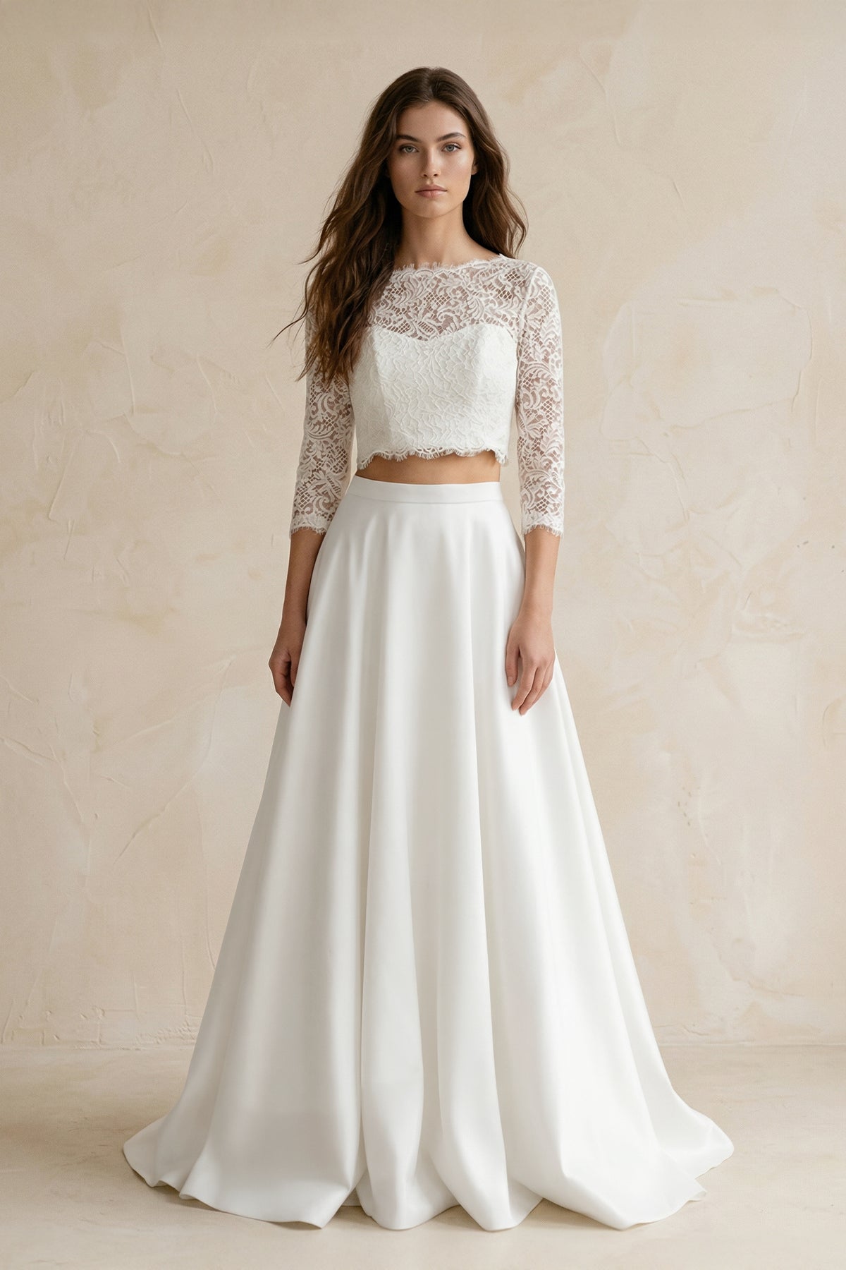 Modern Two Piece Floor-length 3/4 Length Sleeve Lace Jewel Wedding Dress with Ruching - Curvevia