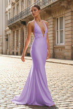 Plunge Neck Light Pink Mermaid Satin Long Evening Dress - Curvevia