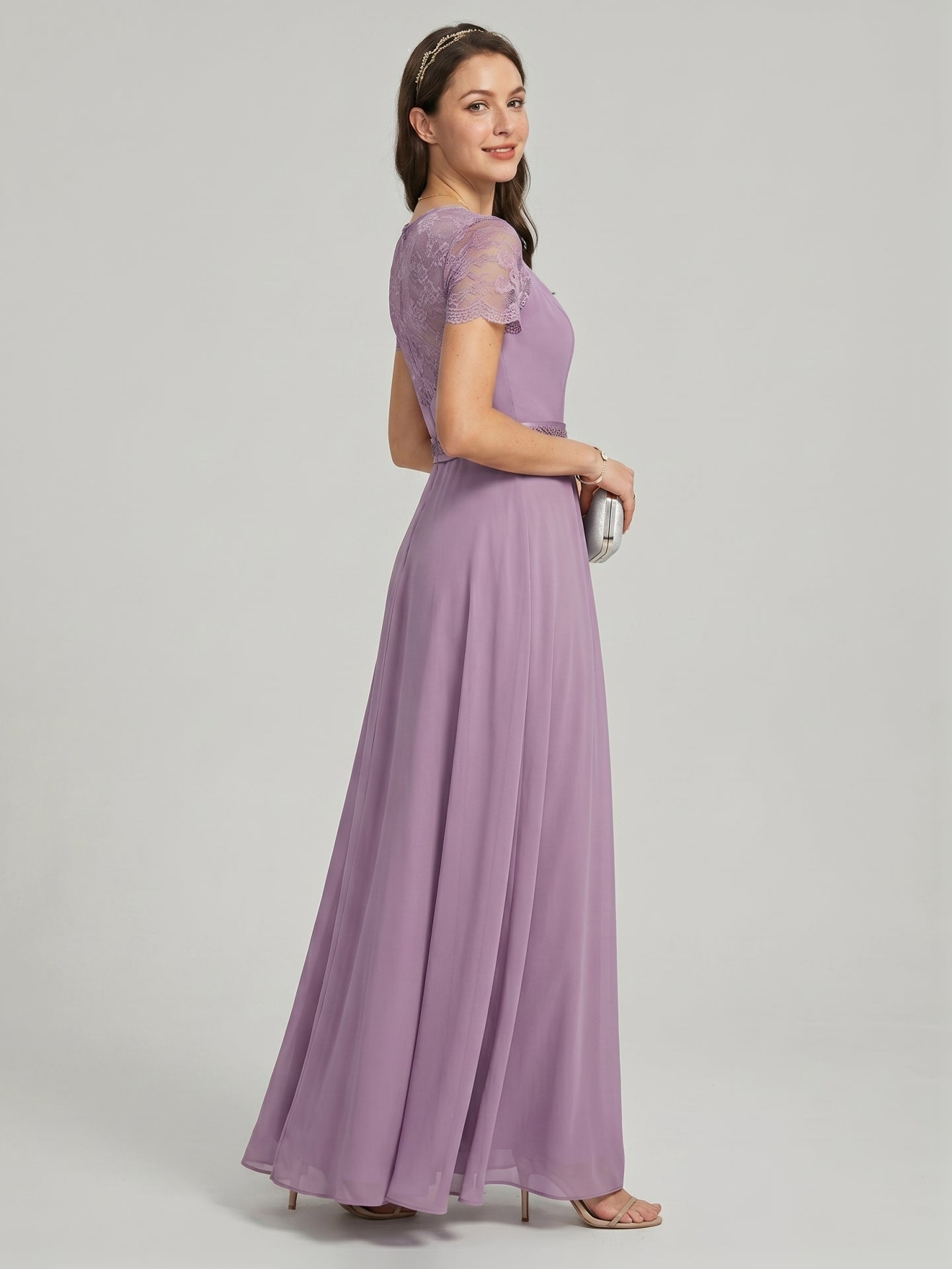 Modest Lavender Chiffon A-Line Scoop Neck Back Zip with Beaded Details Ankle-Length Bridesmaid Dress - Curvevia