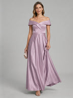 Coquette Lavender Satin A-Line Off-the-Shoulder Back Zip Ankle-Length Bridesmaid Dress - Curvevia