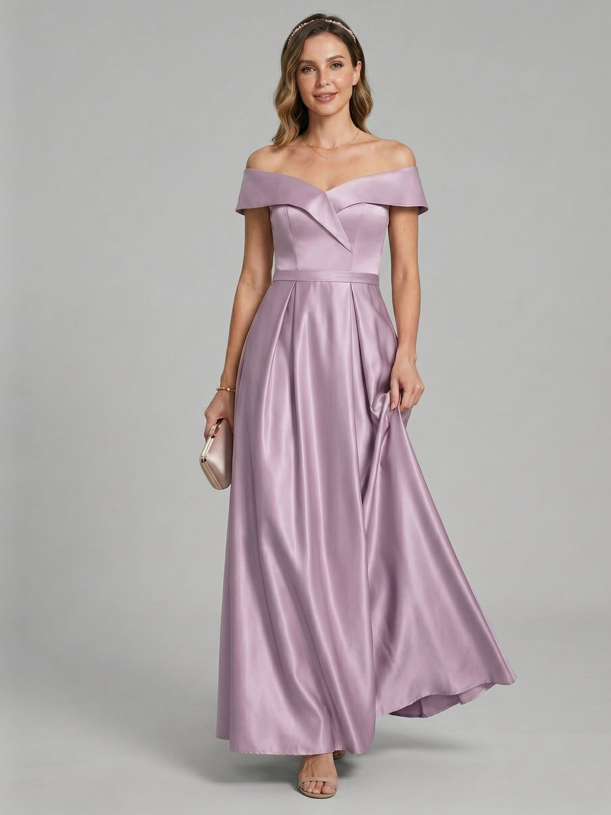 Coquette Lavender Satin A-Line Off-the-Shoulder Back Zip Ankle-Length Bridesmaid Dress - Curvevia