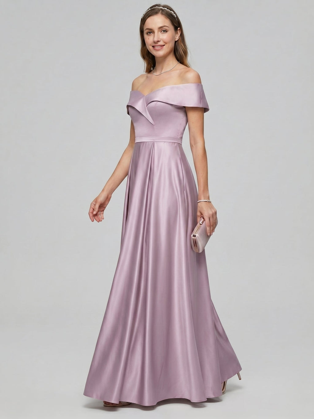 Coquette Lavender Satin A-Line Off-the-Shoulder Back Zip Ankle-Length Bridesmaid Dress - Curvevia