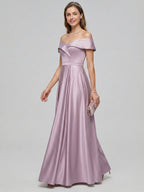 Coquette Lavender Satin A-Line Off-the-Shoulder Back Zip Ankle-Length Bridesmaid Dress - Curvevia