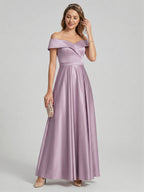 Coquette Lavender Satin A-Line Off-the-Shoulder Back Zip Ankle-Length Bridesmaid Dress - Curvevia