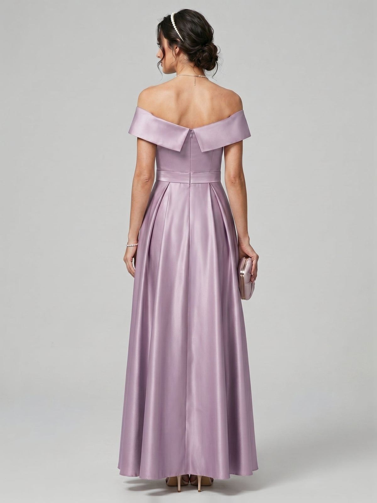 Coquette Lavender Satin A-Line Off-the-Shoulder Back Zip Ankle-Length Bridesmaid Dress - Curvevia