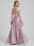 Coquette Lavender Satin A-Line Off-the-Shoulder Back Zip Ankle-Length Bridesmaid Dress - Curvevia