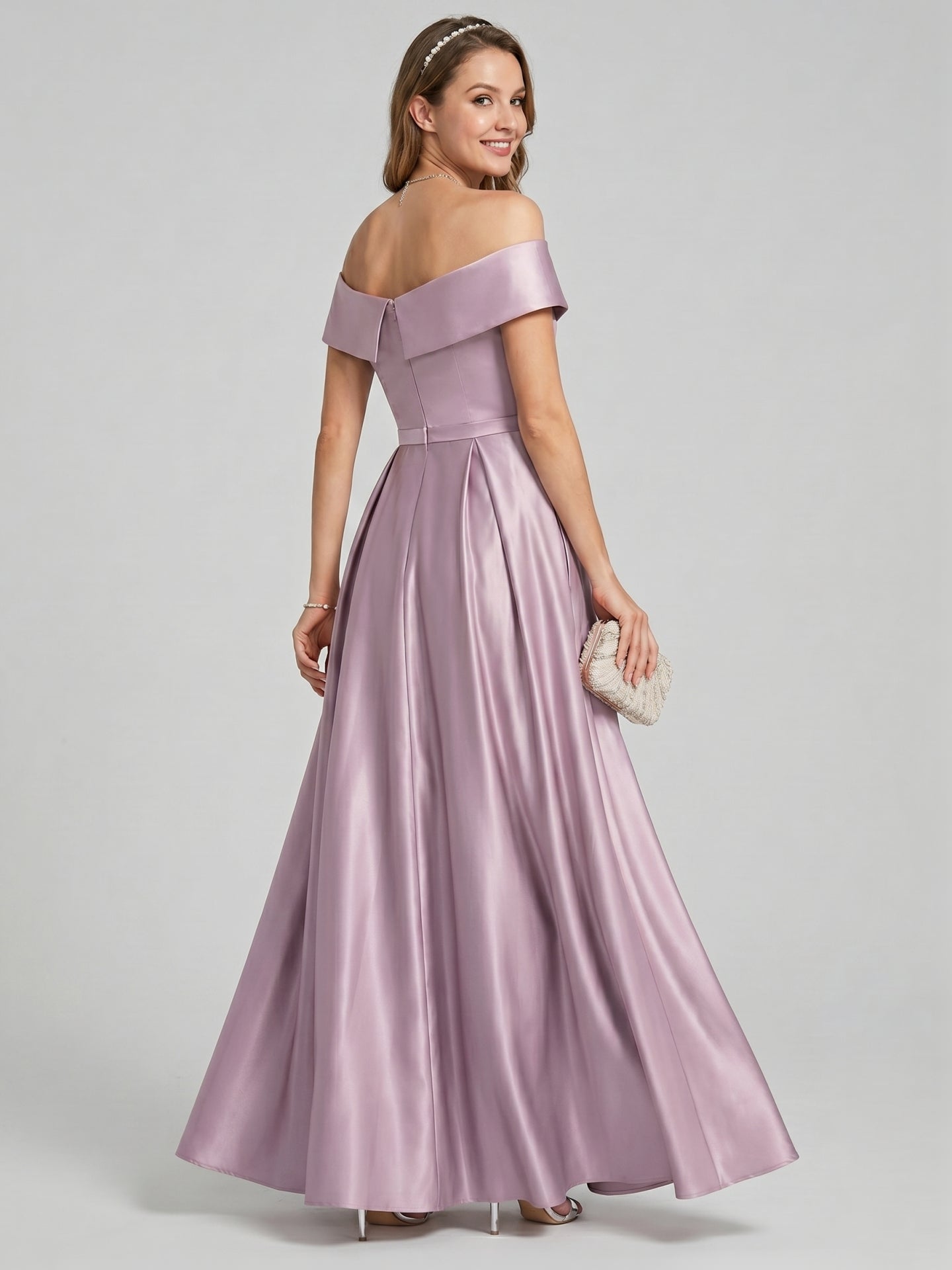 Coquette Lavender Satin A-Line Off-the-Shoulder Back Zip Ankle-Length Bridesmaid Dress - Curvevia