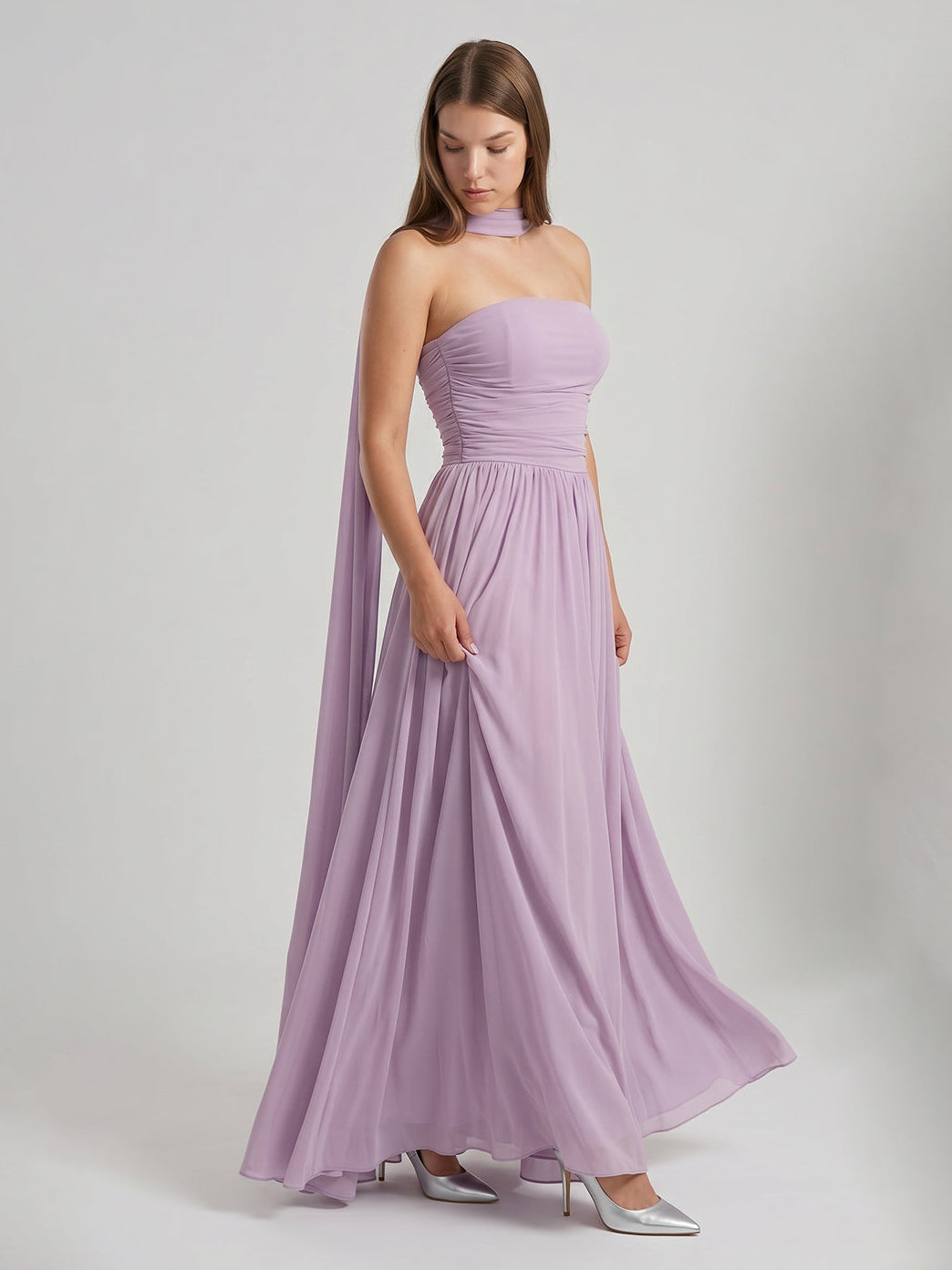 Lavender Chiffon A-Line Straight Neck Criss-Cross Straps Floor-Length Bridesmaid Dress with Pleats - Curvevia