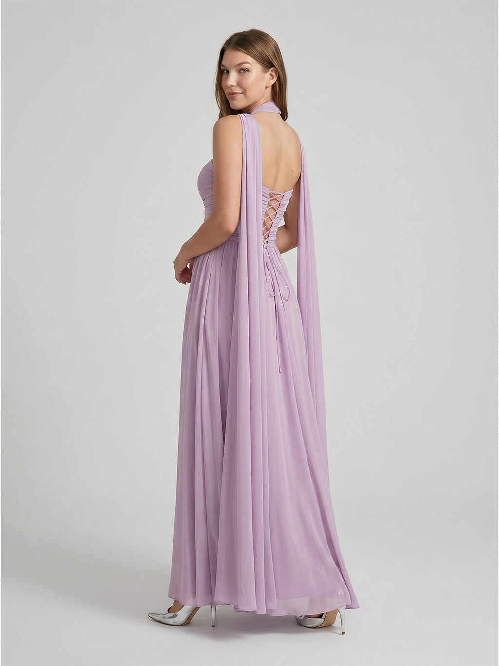 Lavender Chiffon A-Line Straight Neck Criss-Cross Straps Floor-Length Bridesmaid Dress with Pleats - Curvevia
