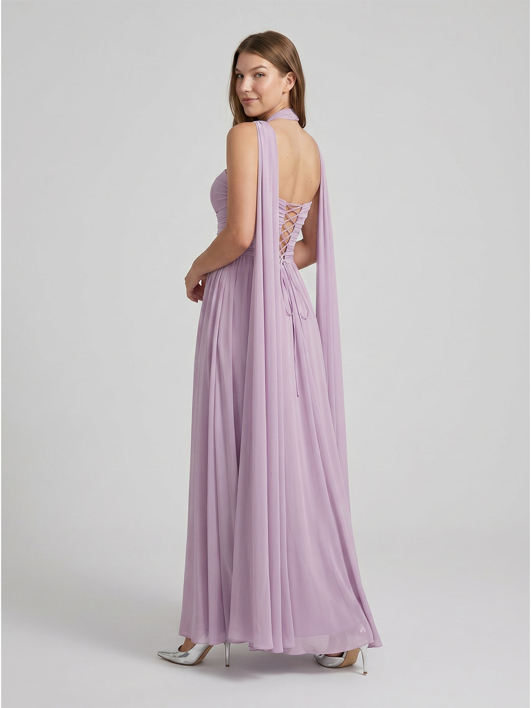 Lavender Chiffon A-Line Straight Neck Criss-Cross Straps Floor-Length Bridesmaid Dress with Pleats - Curvevia