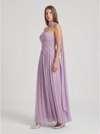 Lavender Chiffon A-Line Straight Neck Criss-Cross Straps Floor-Length Bridesmaid Dress with Pleats - Curvevia