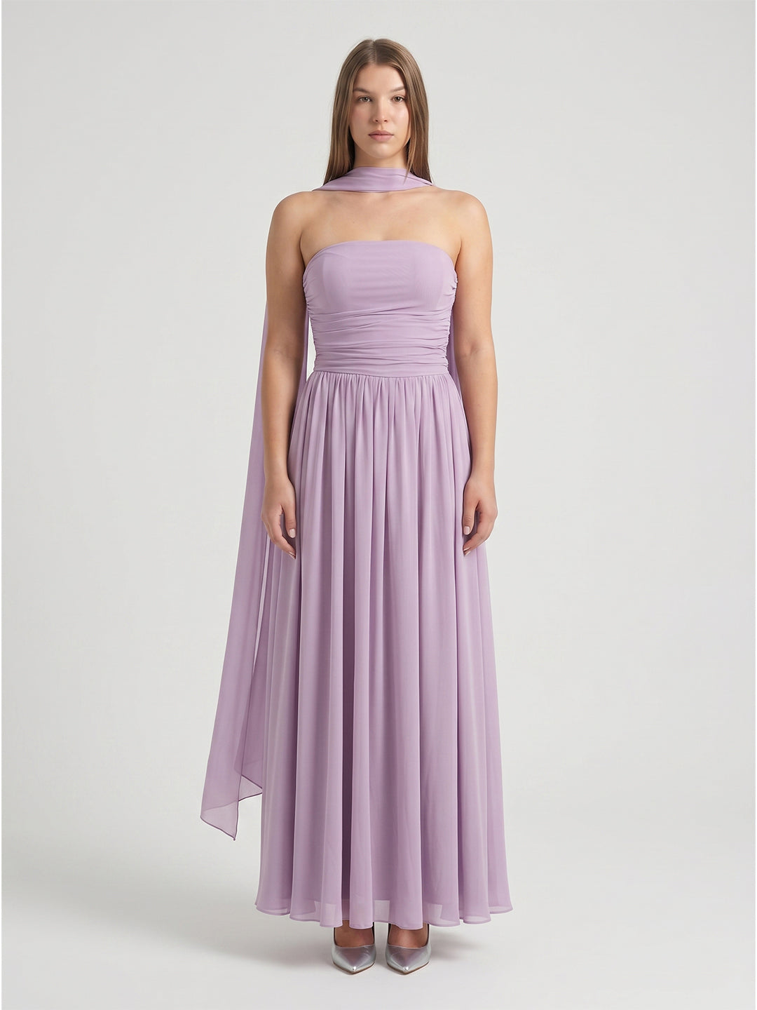 Lavender Chiffon A-Line Straight Neck Criss-Cross Straps Floor-Length Bridesmaid Dress with Pleats - Curvevia