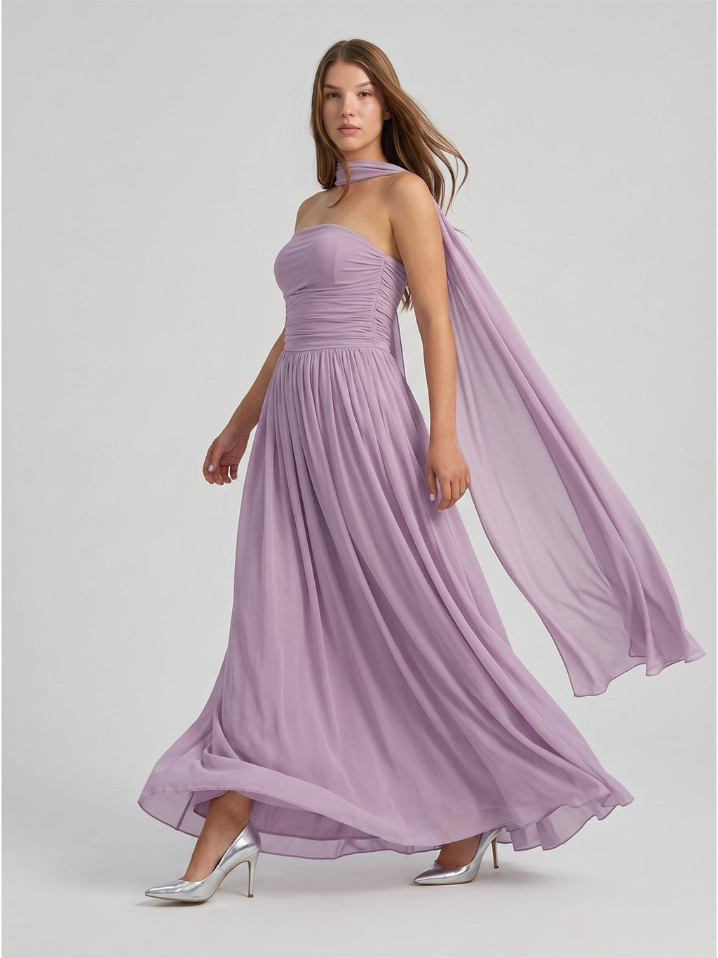 Lavender Chiffon A-Line Straight Neck Criss-Cross Straps Floor-Length Bridesmaid Dress with Pleats - Curvevia