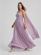 Lavender Chiffon A-Line Straight Neck Criss-Cross Straps Floor-Length Bridesmaid Dress with Pleats - Curvevia