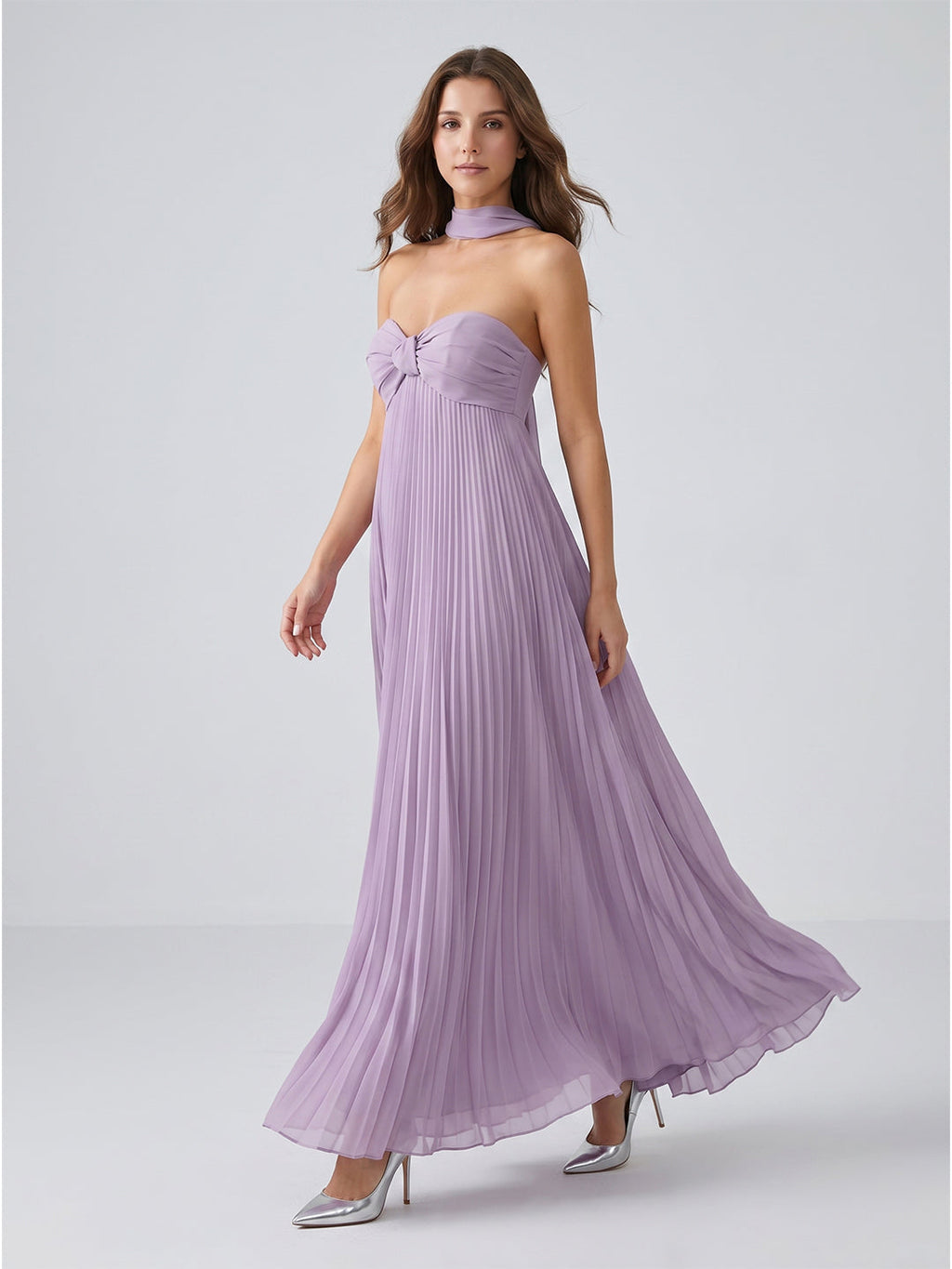 Lavender Chiffon A-Line Sweetheart Criss-Cross Straps Floor-Length Bridesmaid Dress with Pleats - Curvevia