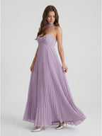 Lavender Chiffon A-Line Sweetheart Criss-Cross Straps Floor-Length Bridesmaid Dress with Pleats - Curvevia