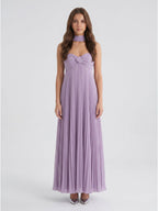 Lavender Chiffon A-Line Sweetheart Criss-Cross Straps Floor-Length Bridesmaid Dress with Pleats - Curvevia
