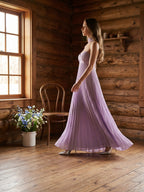 Lavender Chiffon A-Line Sweetheart Criss-Cross Straps Floor-Length Bridesmaid Dress with Pleats - Curvevia