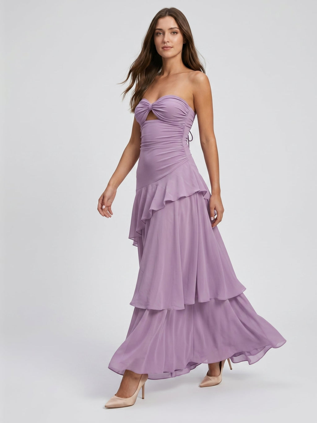 Lavender Chiffon A-Line Sweetheart Lace-Up Floor-Length Bridesmaid Dress with Cascading Ruffles - Curvevia