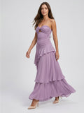 Lavender Chiffon A-Line Sweetheart Lace-Up Floor-Length Bridesmaid Dress with Cascading Ruffles - Curvevia