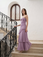 Lavender Chiffon A-Line Sweetheart Lace-Up Floor-Length Bridesmaid Dress with Cascading Ruffles - Curvevia