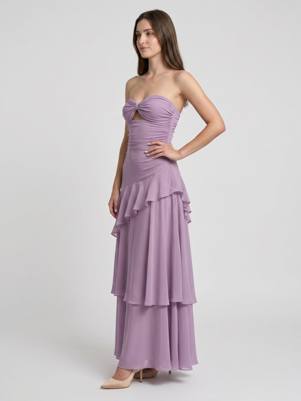 Lavender Chiffon A-Line Sweetheart Lace-Up Floor-Length Bridesmaid Dress with Cascading Ruffles - Curvevia