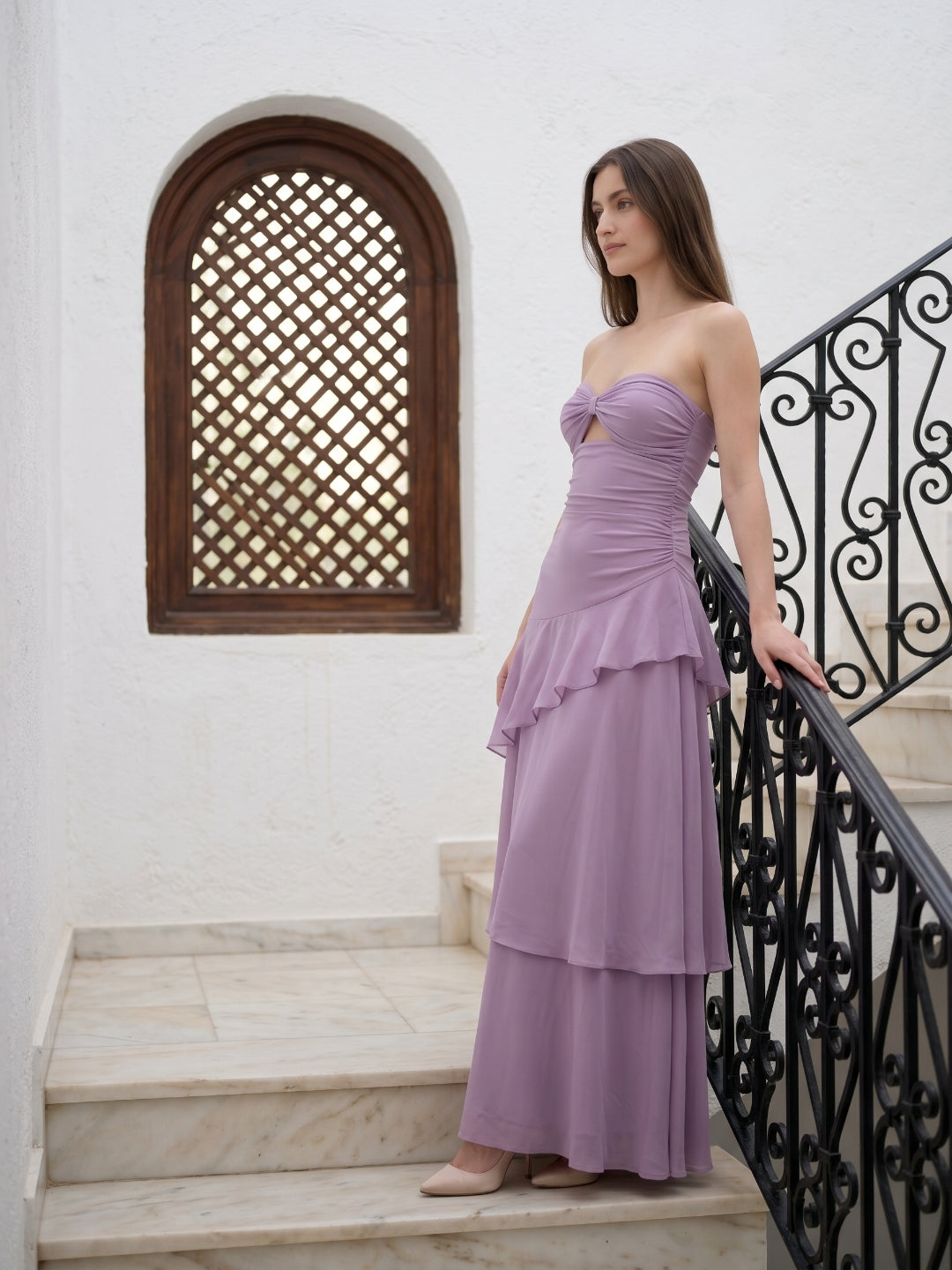 Lavender Chiffon A-Line Sweetheart Lace-Up Floor-Length Bridesmaid Dress with Cascading Ruffles - Curvevia