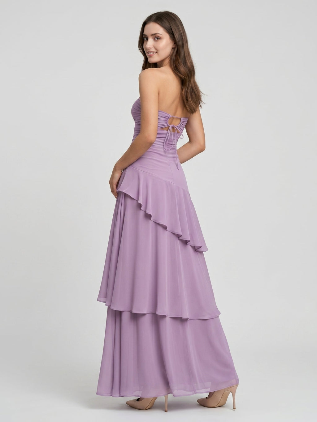 Lavender Chiffon A-Line Sweetheart Lace-Up Floor-Length Bridesmaid Dress with Cascading Ruffles - Curvevia