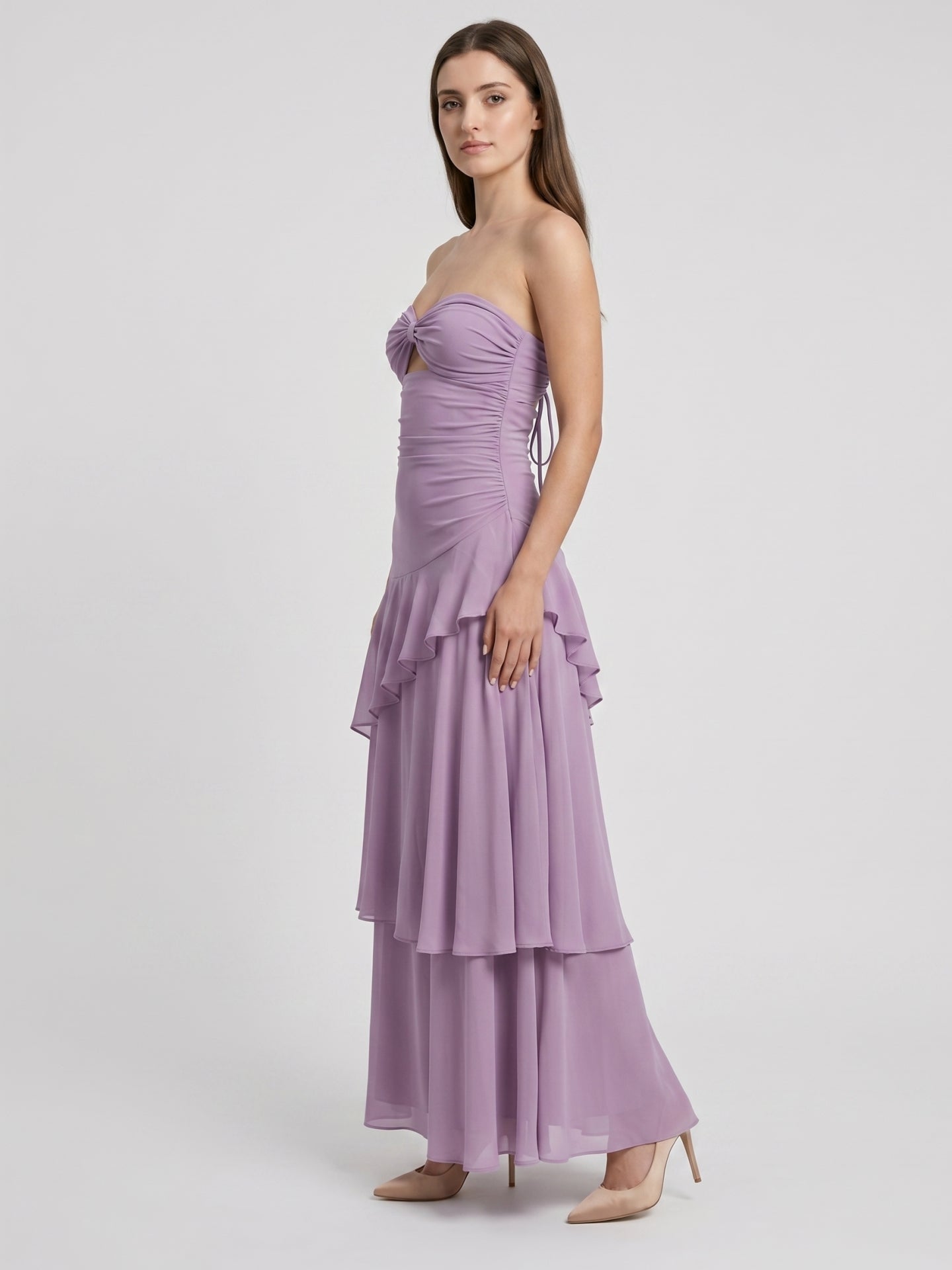 Lavender Chiffon A-Line Sweetheart Lace-Up Floor-Length Bridesmaid Dress with Cascading Ruffles - Curvevia