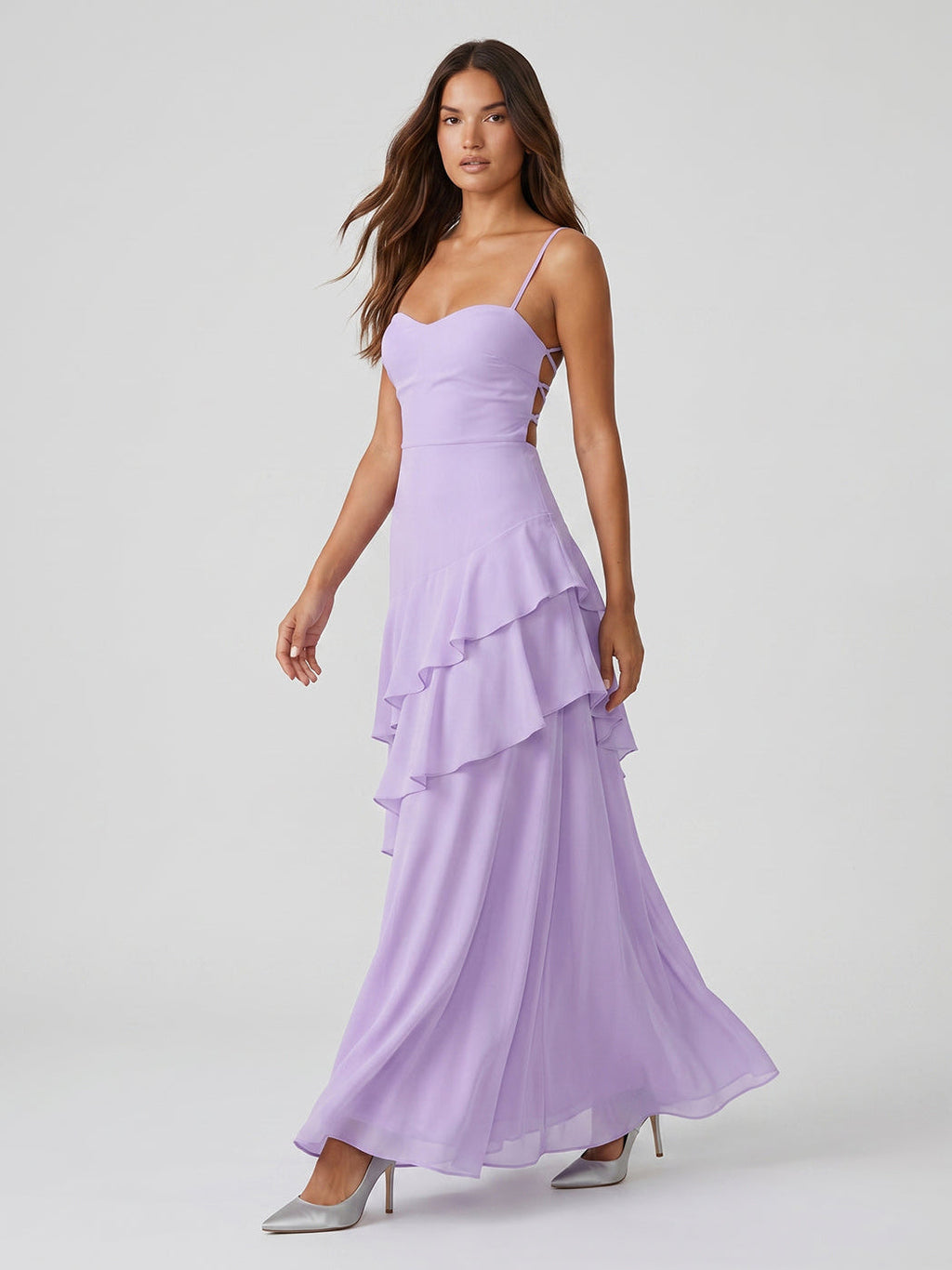 Lavender Chiffon A-Line Sweetheart Lace-up Floor-Length Bridesmaid Dress with Ruffle - Curvevia