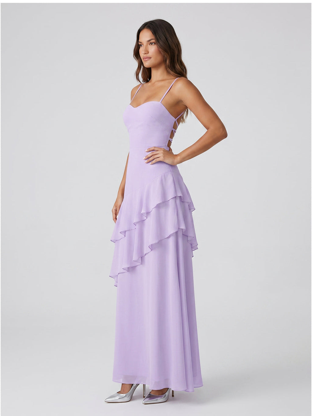Lavender Chiffon A-Line Sweetheart Lace-up Floor-Length Bridesmaid Dress with Ruffle - Curvevia