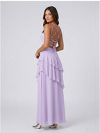 Lavender Chiffon A-Line Sweetheart Lace-up Floor-Length Bridesmaid Dress with Ruffle - Curvevia